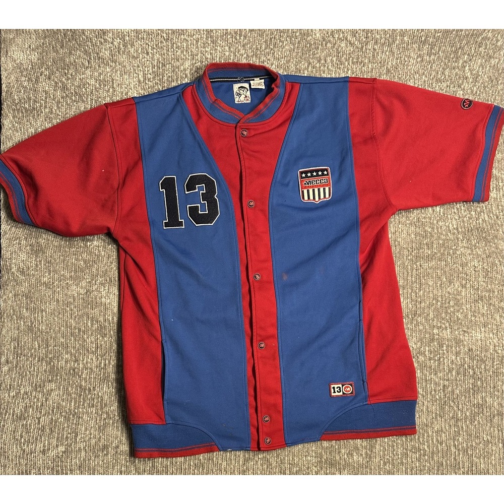 Vintage MECCA. USA #13 Athletic Jersey 2XL Red Blue Button Front Shield Patch